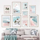 Настенная картина розового Эгейского моря, пляжа, вишни, пальмы, Картина на холсте для гостиной, Декор, скандинавские плакаты и принты, настенные картины