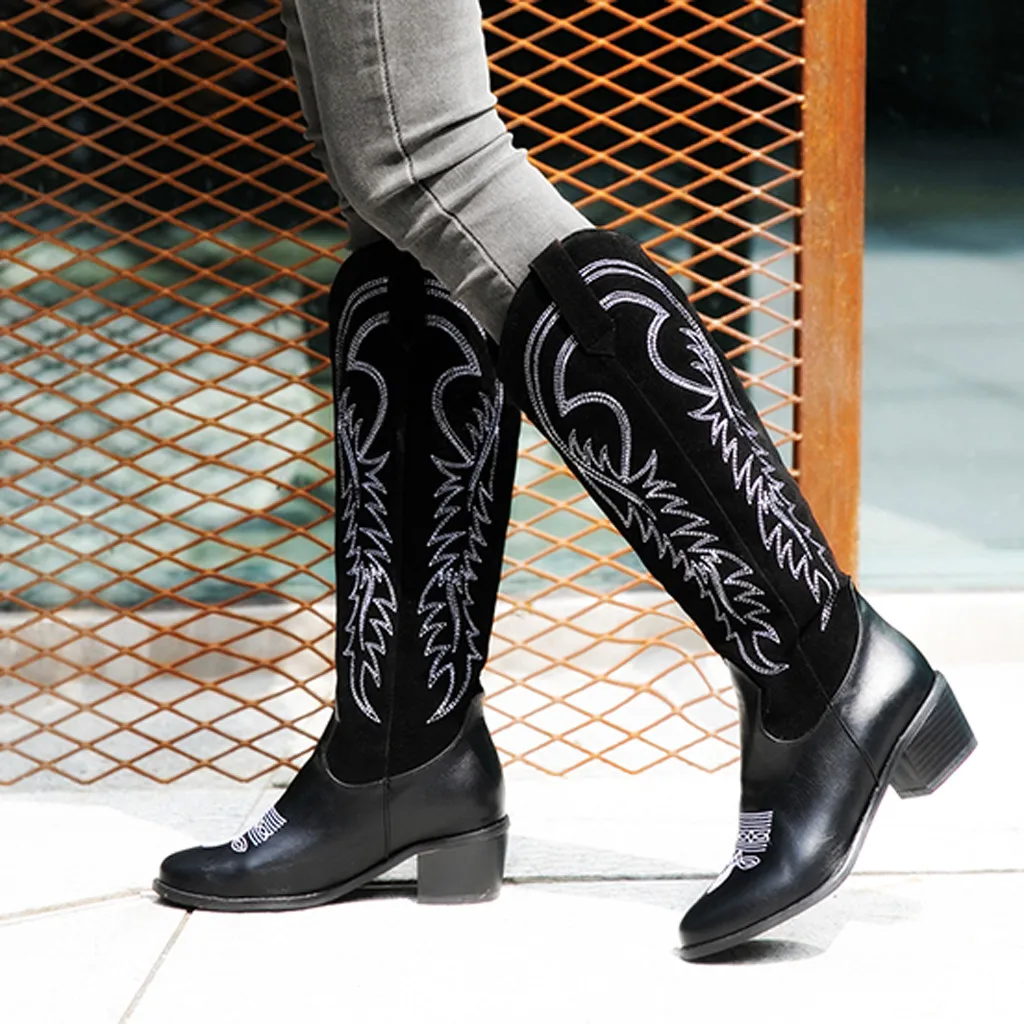 Женские винтажные ковбойские сапоги до колена Стильные Ковбойские на высоком