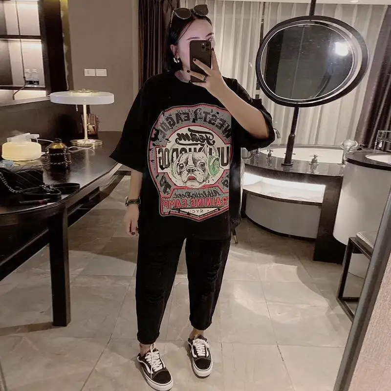 

T-shirt + ripped casual pants plus fat plus size women's slim two-piece suit new spring and summer suit trendy plus size 6XL