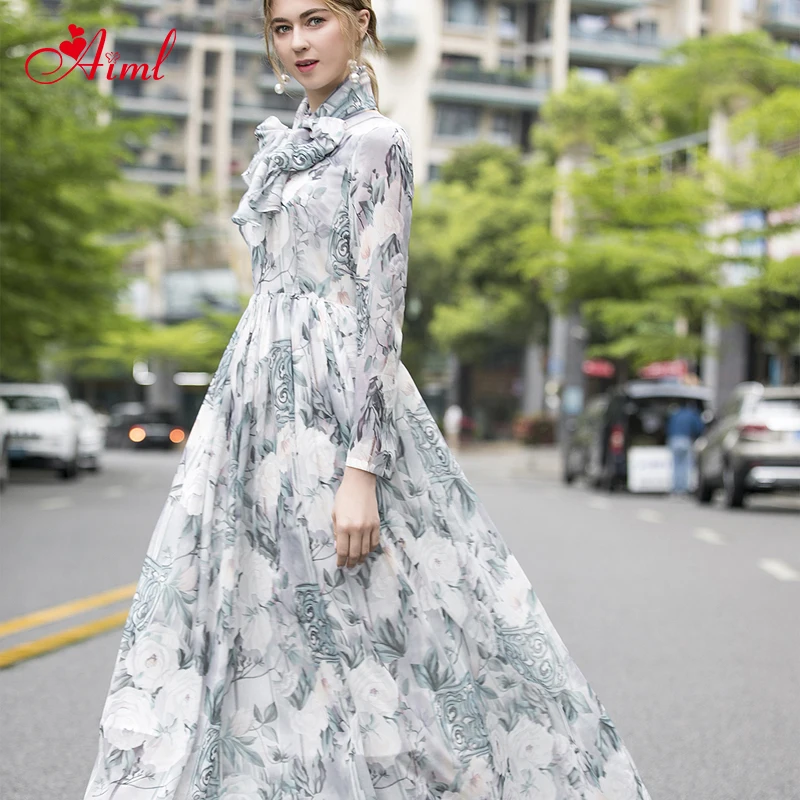 

2020 Designer Summer Fashion Maxi Dresses Female Floral Print Chiffon Bohos scarf Vintage Vacation Party Elegant Long Dress New