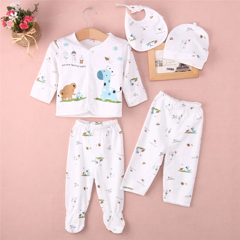 

Newborn Infant 5PCS Set Baby Boys Girls Soft Cotton Cartoon Animals Cardigan Top +Two Pants+ Bib + Hat Newborn Clothes Stes