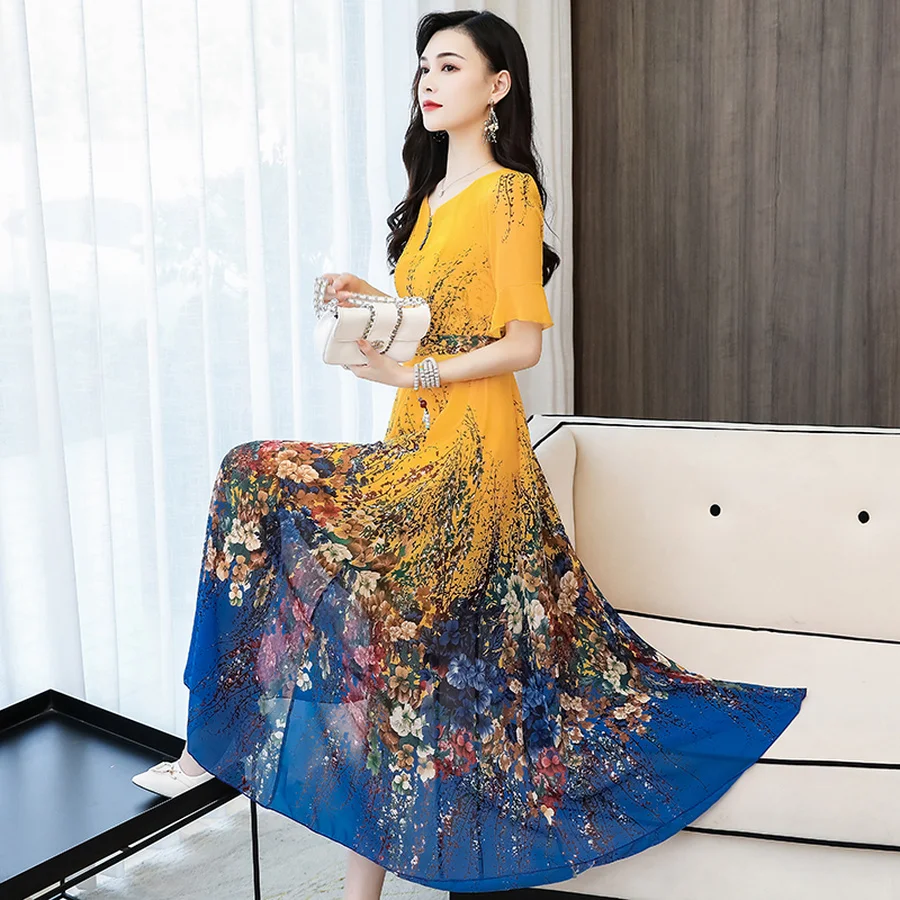 Женское шифоновое платье макси в стиле бохо элегантное винтажное облегающее с