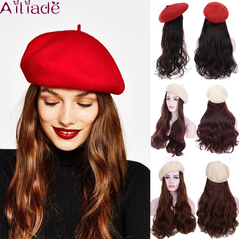 AILIADE Для женщин Красный берет Кепки с синтетический термостойкий парик