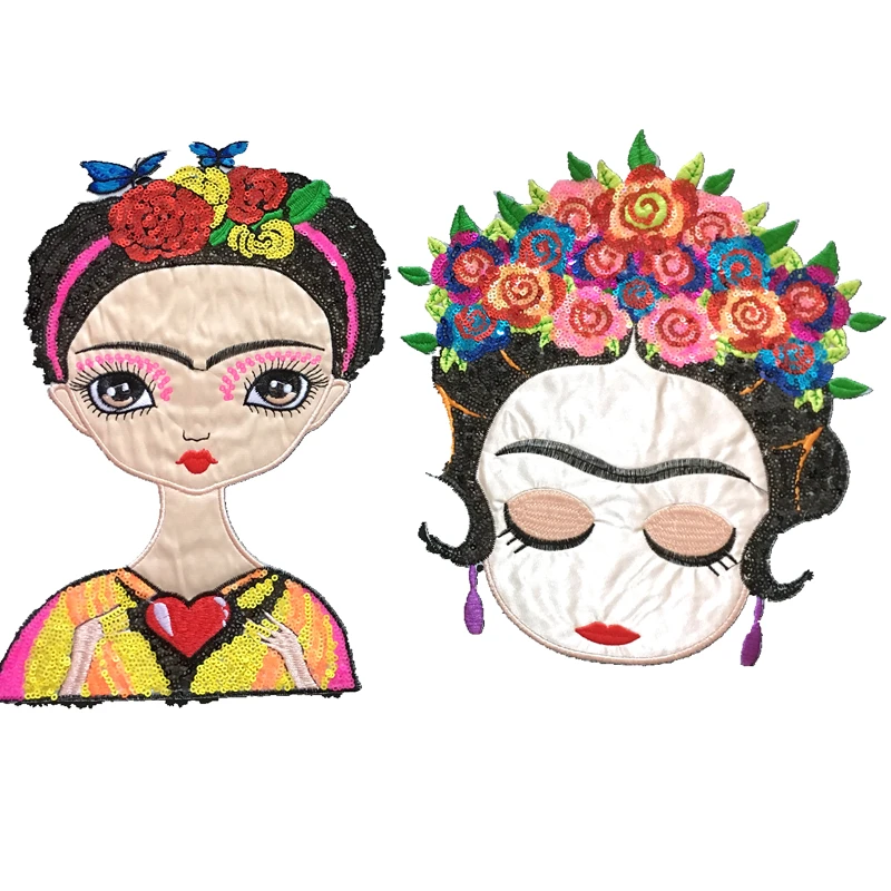 DZ New Arrival Frieda Artist Girl Sequined Iron on Patches for Clothes Floral Women Sequin Patches and Appliques DIY Decal