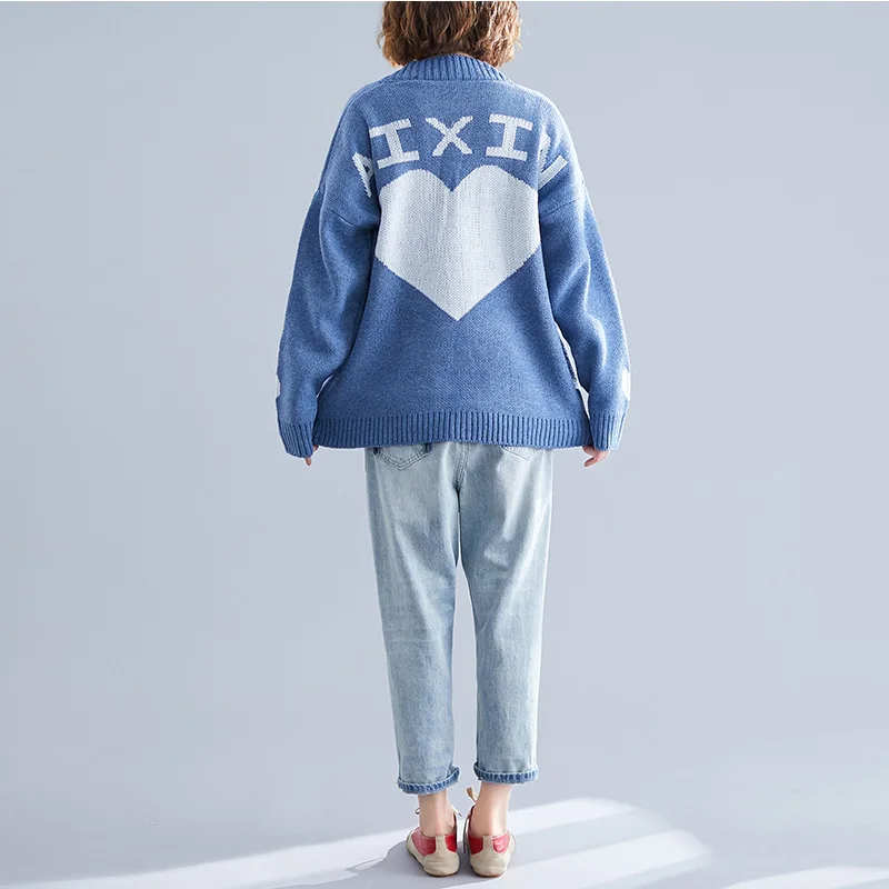 

2019 New Fashion Knitted Cardigans Coat Female V Neck Long Sleeve Loose Single-breasted printed jacket Woman cc885