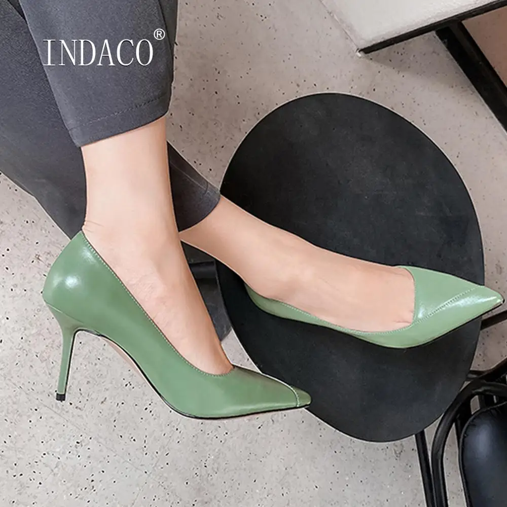 

Leather Shoes Women Heels Pointed Toe Green Pumps High Heel Shoes Party Shoes Black Heels Stiletto Plus Size 40
