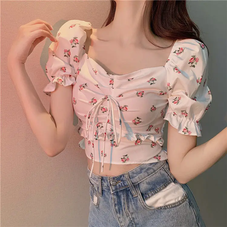 

Design Retro Puff Sleeve Short Umbilical Floral Slim Slimming Shirt T-shirt Women