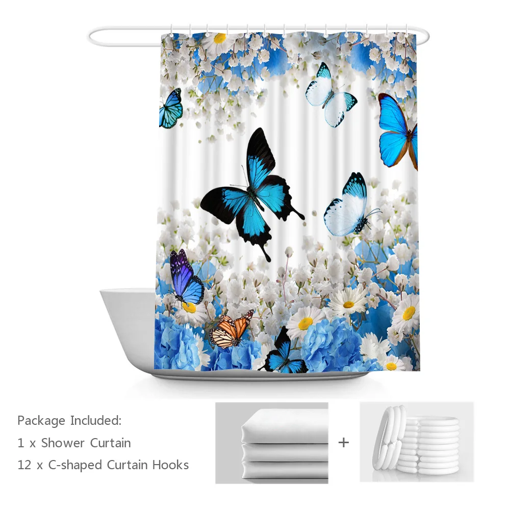 

Flower Butterfly Shower Curtains Blue Spring Garden Florals Bathroom Decor Animal Insect Bathtub Curtains