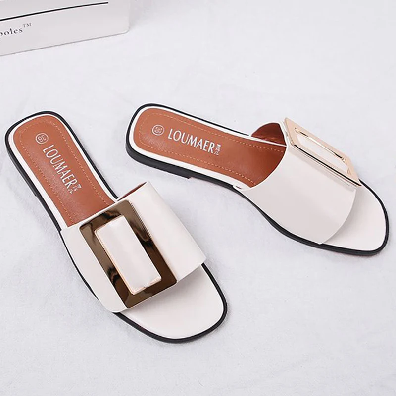 Сланцы женские с квадратным носком модные шлепанцы пряжкой летняя обувь для