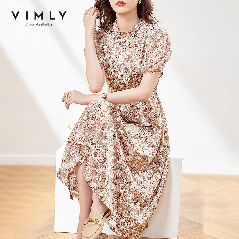 

VIMLY Summer Dresses For Women Office Lady Elegant Floral Dresses Vintage Puff Sleeve Maxi Dress Side Zipper Women Dresses F7688