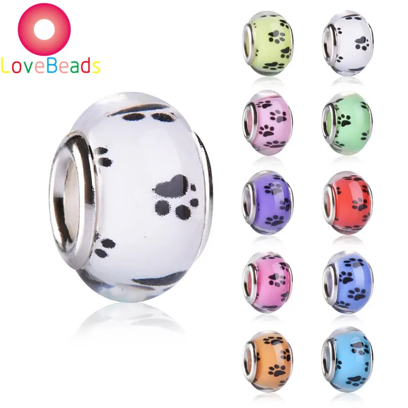 

10Pcs Puppy Dog Paw Prints Tracks Acrylic Buttery Rondelle Beads for European Big Hole Fit Pandora Bracelet Women Chain Jewelry