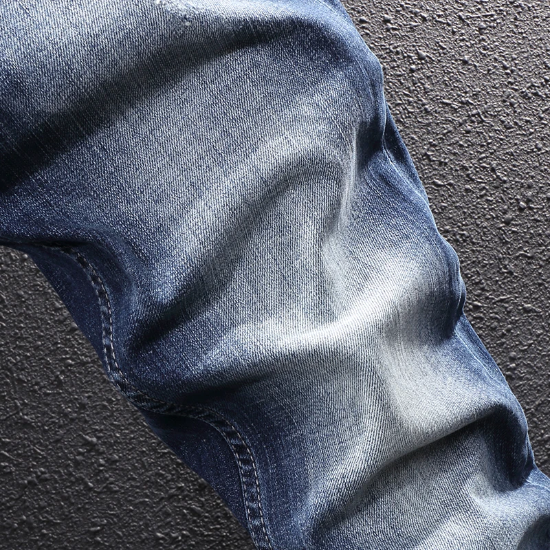 European Vintage Fashion Men Jeans Retro Blue Elastic Slim Fit Designer Jeans Men Italian Style Casual Plain Cotton Denim Pants