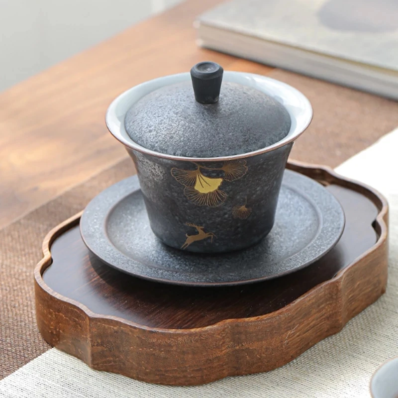 

Creativity Ceramic Gaiwan Coarse Pottery Outline in Gold Deer Tureen Cup with Lid Cover Saucer Kit Kung Fu Tea Set Tea Bowl