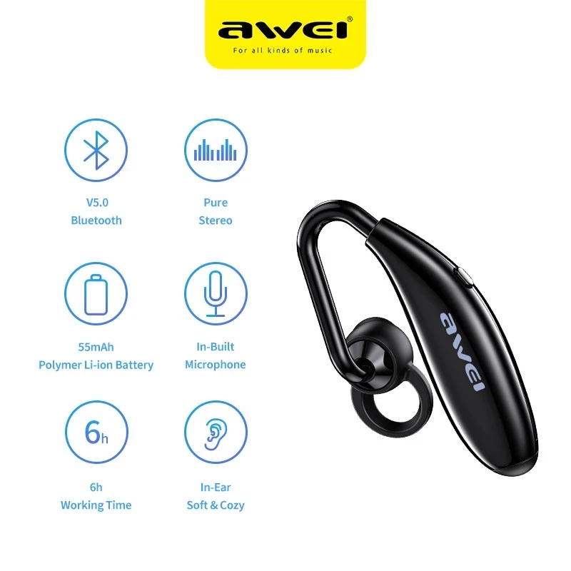 

AWEI New N5 Business Bluetooth Earphones For Driving Gaming Earbuds With Clean Microphones Compatible With All Smart Phones