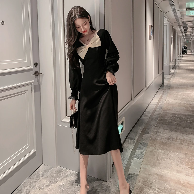 Французское платье в стиле ретро Новинка осени зимы 2019 приталенное черное с