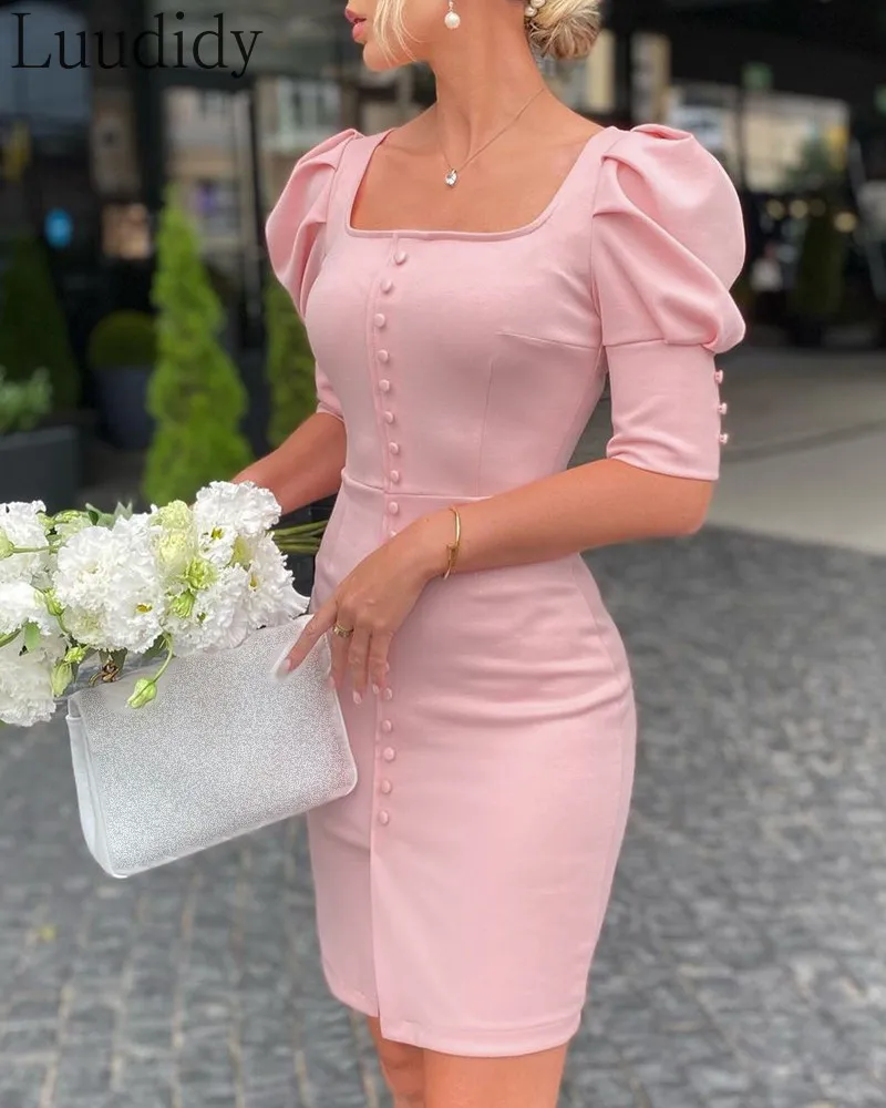 

Women Elegant Puff Sleeve Button Design Square Collar Long Sleeve Bodycon Dress