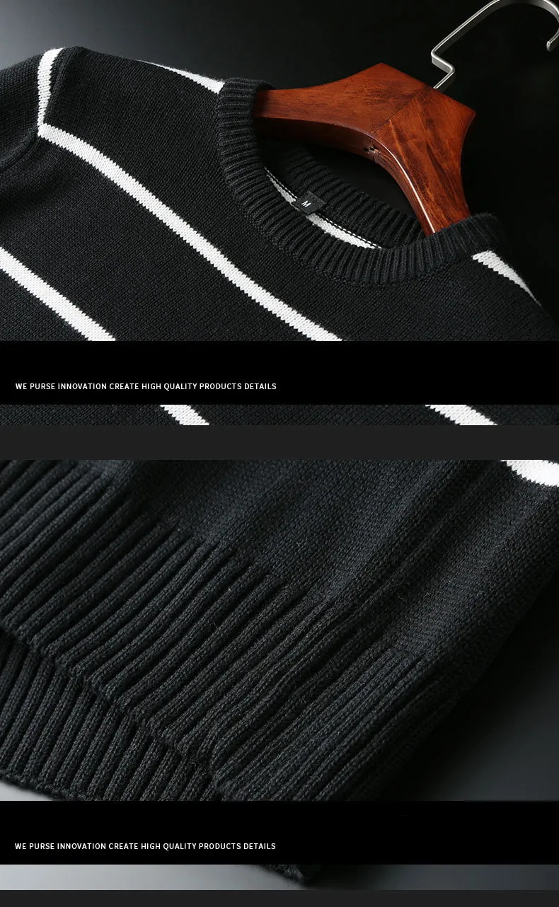 

3-color new men's sweater all year round T-shirt sweater men's classic casual stripe Pullover round neck fit top thick