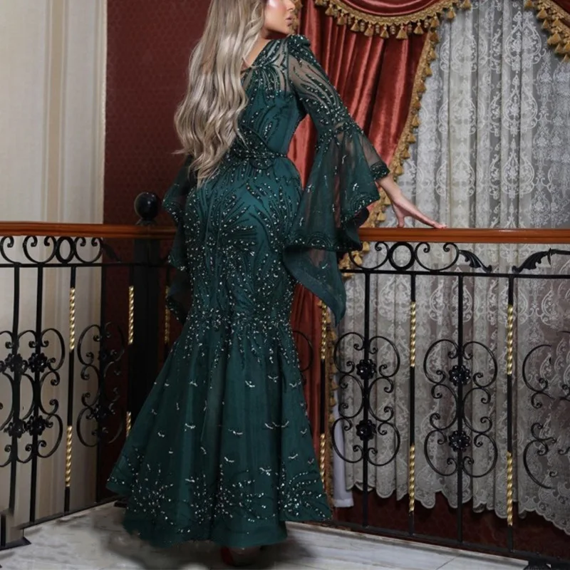 green prom dresses 2021 mermaid square neckline beading sequins crystal long sleeve evening dresses gowns