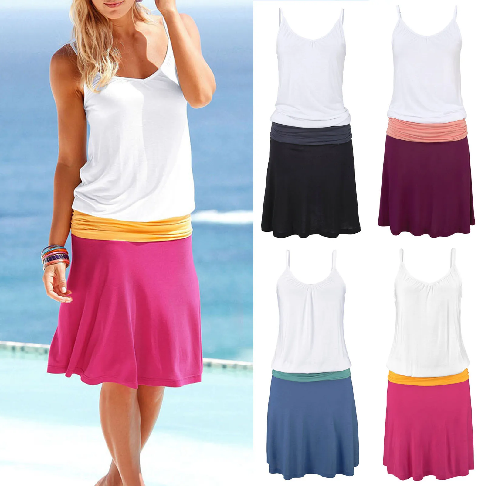 

Женское богемное летнее платье, Повседневное платье на бретельках без рукавов, лоскутные вечерние платья-миди выше колена, пляжное платье д...