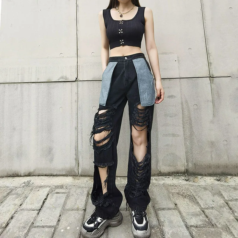 

SeeBeautiful Contrast Color Pockets Patchwork Loose Jeans Irregular Holes Denim Pants New Fashion Autumn 2021 Women E383