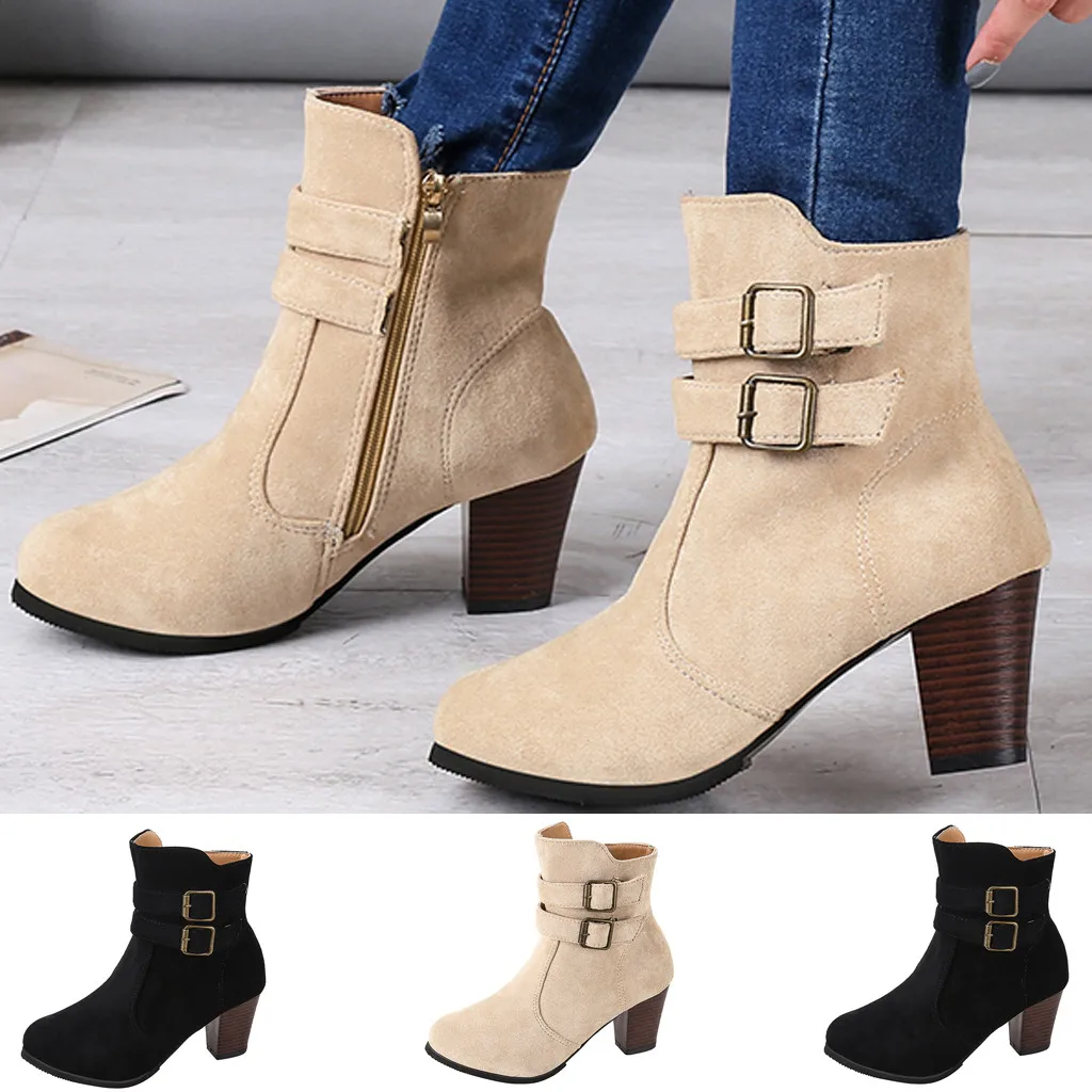 

SAGACE Women's Boots 2019 Plus Size Rome Boot Women Side Zipper With Belt Buckle Chunky Heels shoes woman high heel Shoes female