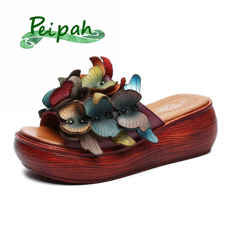 

PEIPAH Wedges Platform Women's Slippers Ladies Genuine Leather Summer Shoes For Women Handmade With Flowers Woman Slides Shoe
