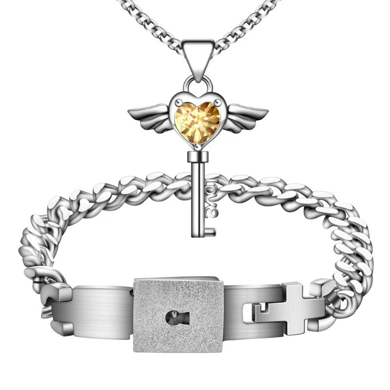 

2Pcs Stainless Steel Love Heart Key Lock Macthing Bangle Bracelet Pendant Necklace Lock Key Couple Lover Jewelry Set