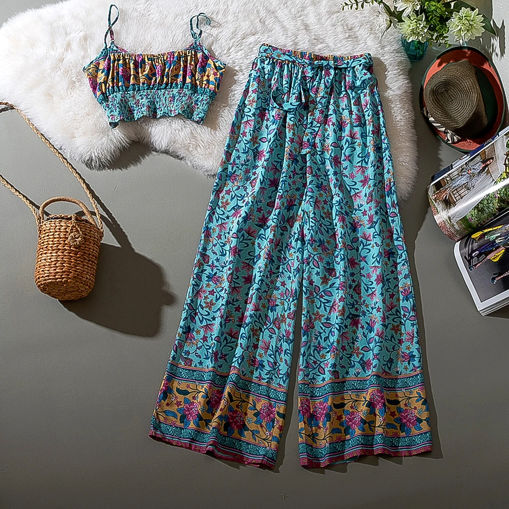 

Cthink Summer 2020 Holiday Casual Print Prairie Chic Two Piece Set Elegant Crop Top And Wide Leg Pant Flower 2 Piece Set Women