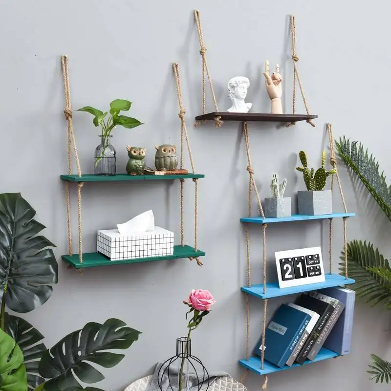 Деревянный настенный пеньковый веревочный стеллаж для хранения многослойный