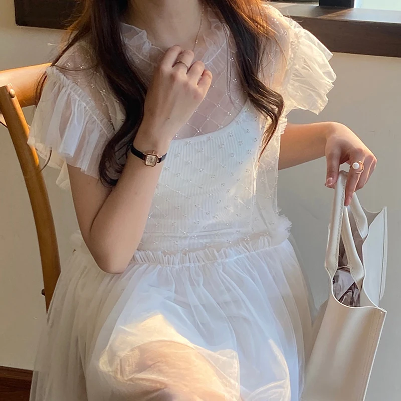 

Hzirip 2021 Summer New Sweet Lapel Beading Butterfly Sleeve Ball Gown Mini Desses Lady Square Collar Casual Lace Dress Fashion