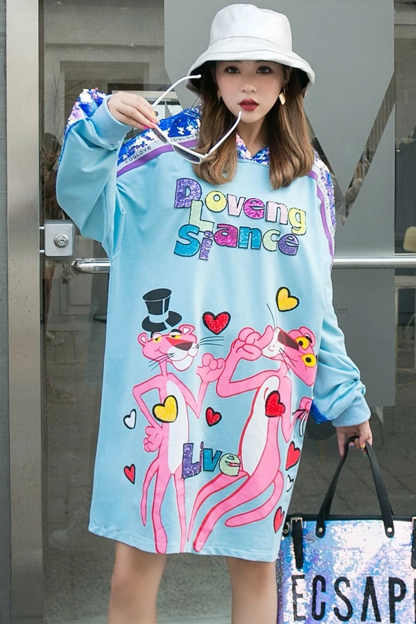 

Thailand tide brand heavy industry cartoon sequins printed sweater in the long section of age-reducing lazy wind ins net red top