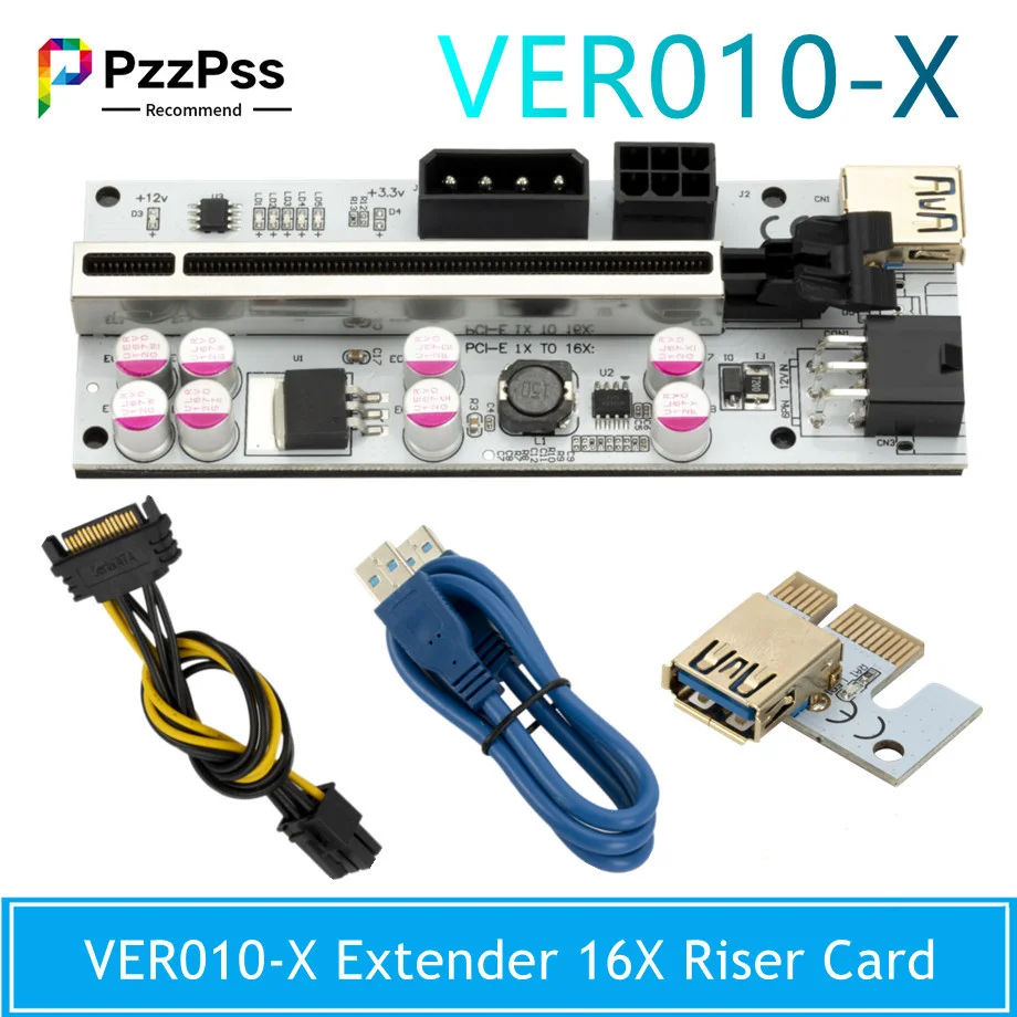 

PzzPss VER010-X USB 3.0 PCI-E Riser VER 010 Express 16X Extender Pcie Riser Adapter Card SATA 15 Pin to 6 Pin Power For Mining
