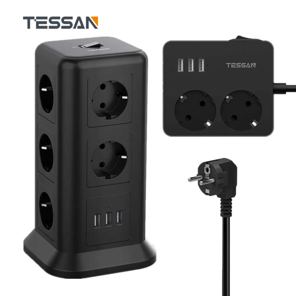 

TESSAN Electrical Socket Power Strip EU Plug with 11 Outlets 3 USB Ports Switch 2M/6.5ft Extension Cord Home Office Multi Socket