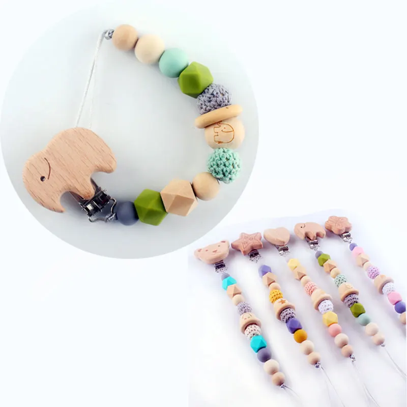 

Cute Handmade Wooden Silicone Pacifier Chains Safe Teething Chain Baby Teether Eco-friendly Pacifier Clips Holder Chain