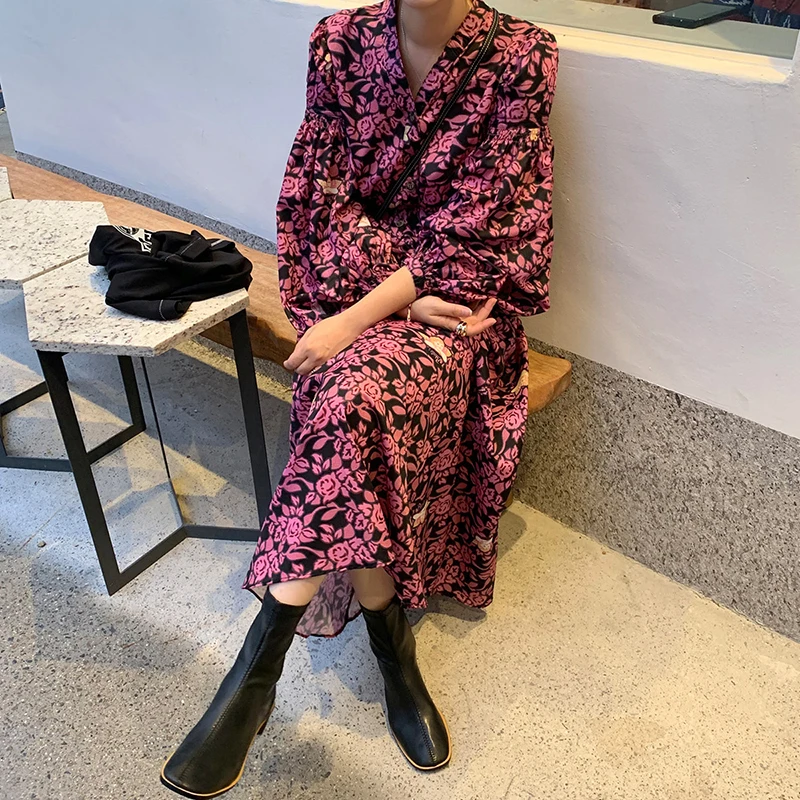 Женское свободное платье SHENGPALAE весеннее с V образным вырезом рукавами фонариками