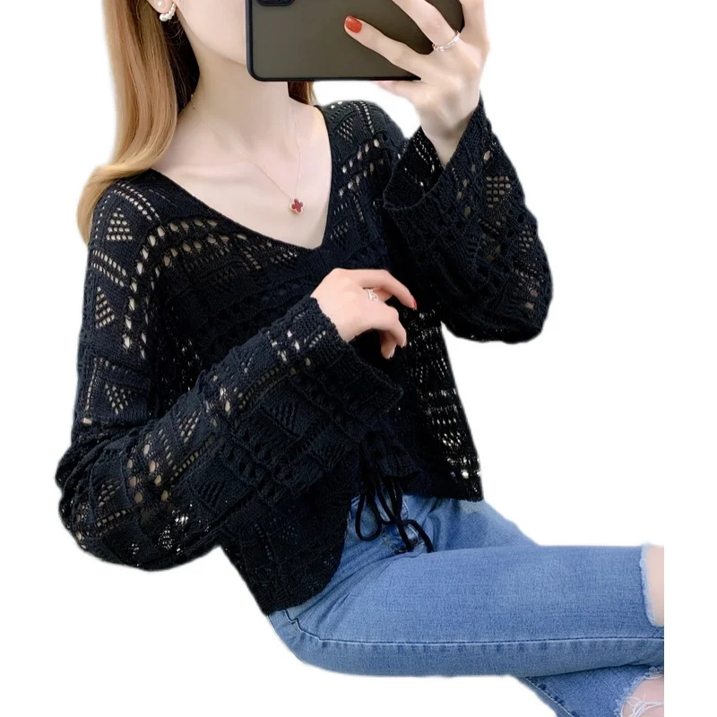 

Room 201264 on 3 row 2 to film sets v-neck pure color hollow out draw string knit 28