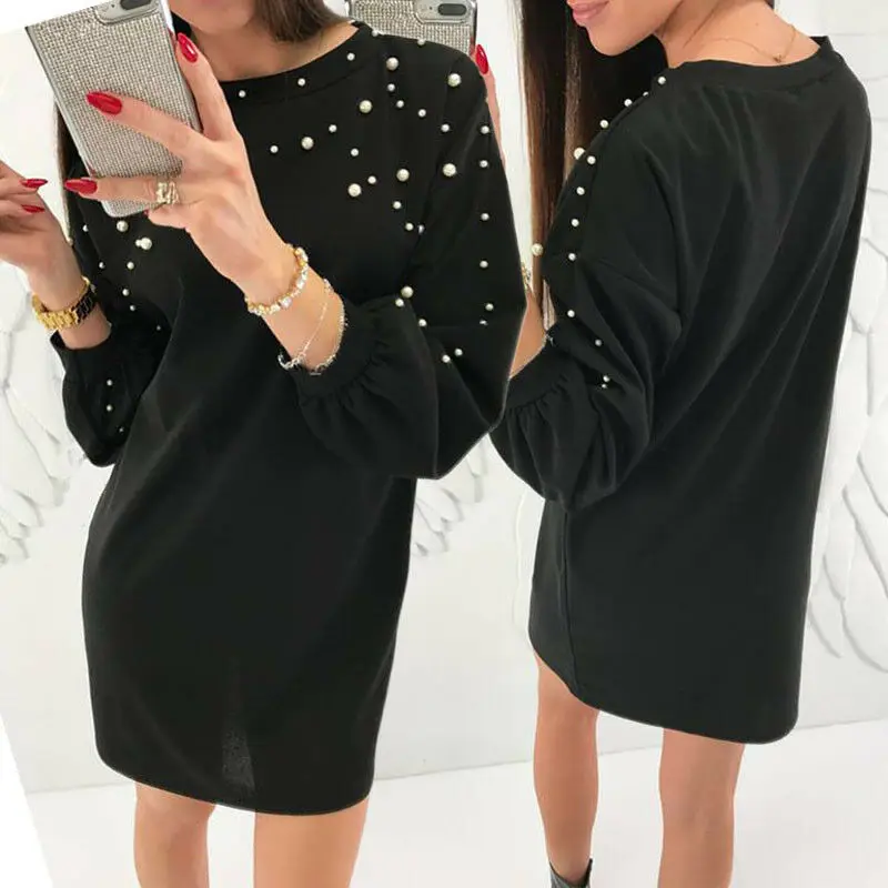 Женское осенне зимнее платье с длинным рукавом и круглым вырезом однотонное