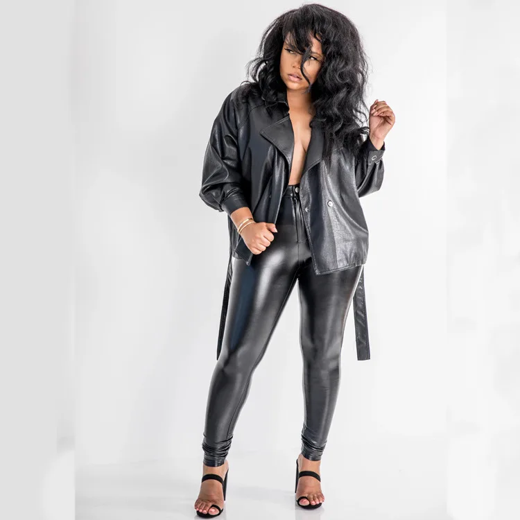 

2019 Autumn Fashion Pu Coat Women Long Sleeve Button Sashes Bandage Casual Jacket Club Sexy Trench Winter Black Leather Jackets