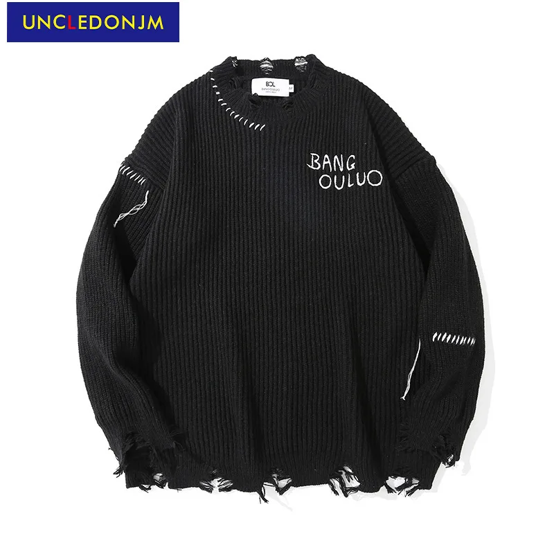 

UNCLEDONJM damaged vintage solid color knit sweater men hip hop rap loose pullover autumn/winter street Harajuku sweater 11031