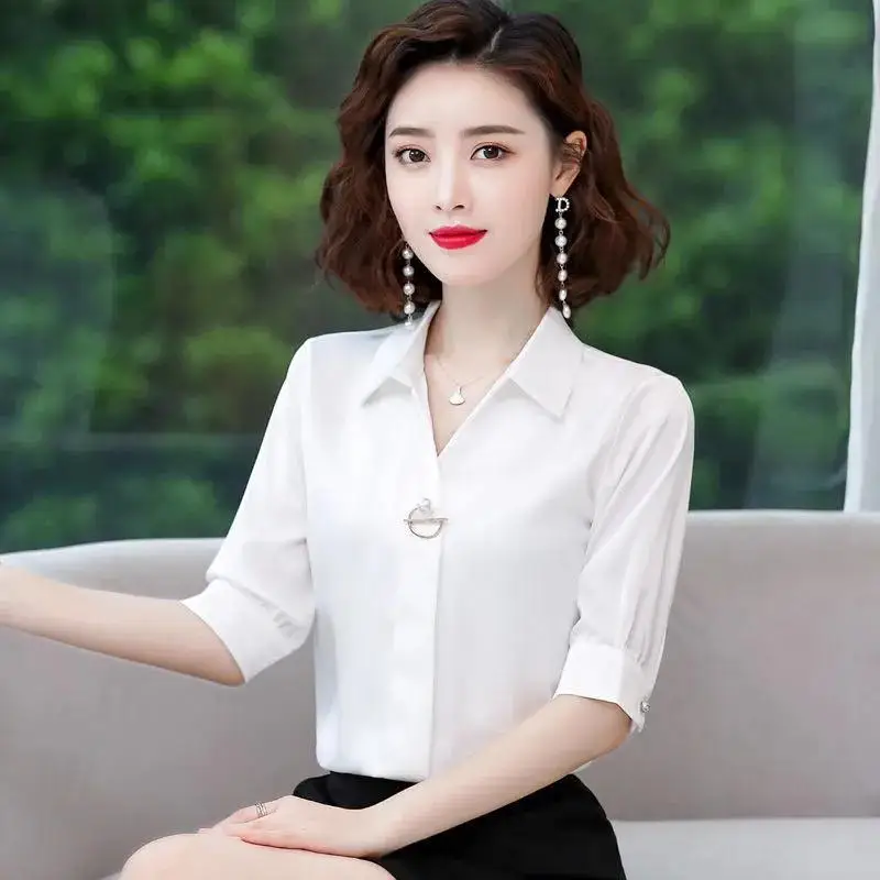 

Chiffon Blouse Women 2021 Summer Chiffon Shirts Blouse Tops Fashion Casual V-Neck short sleeve Blouses Femme Blusa plus size