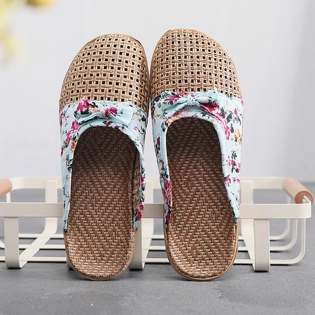 

Women's shoes Ladies Fashion Casual Butterfly Knot Slip On Slides Indoor Home Slippers Shoes Floral Straw Flax Flip Flops