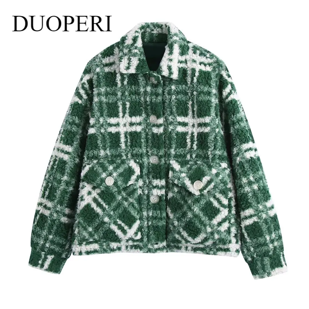 

DUOPERI Women Fashion Plaid Faux Shearling Collared Jacket Long Sleeves Front Pockets Chic Lady Female Warm Overshirt Winter