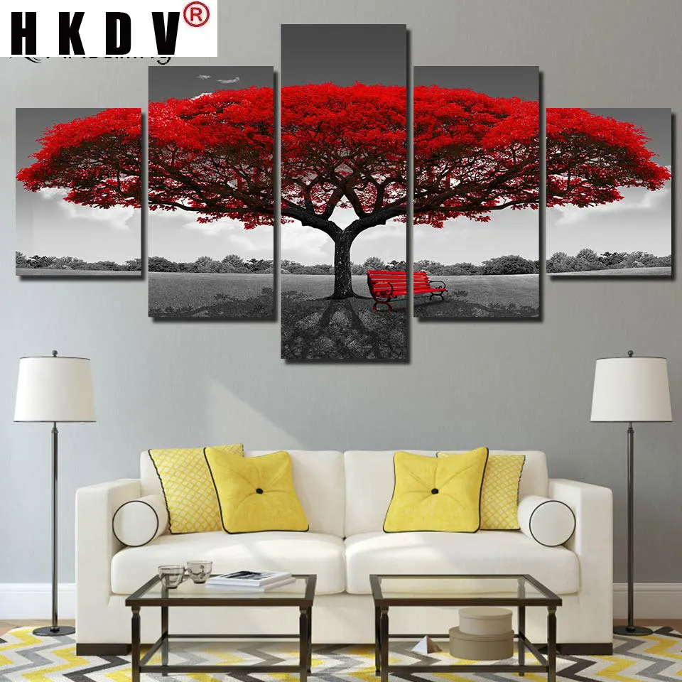 

Картина HKDV, 5 панелей, Постер, холст, пейзаж с красным деревом, модульные картины с растениями, настенные картины для декора гостиной