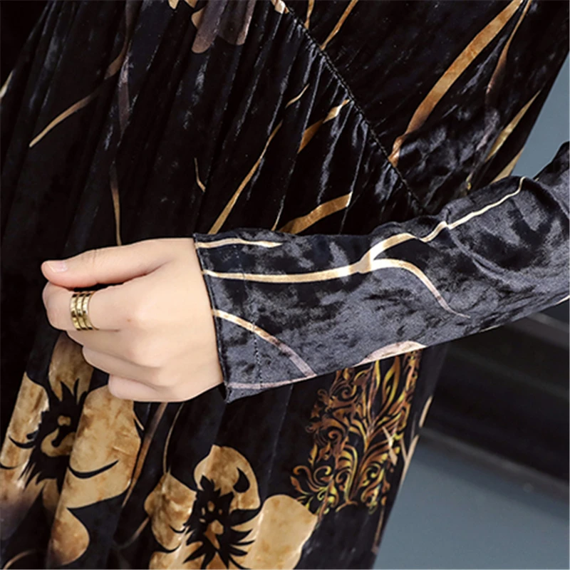 

JiuMeiDai Women Chinese Style Velvet Dress Office Lady Elegant Floral Long Dresses Female V-Neck Retro Party Clothing Plus Size
