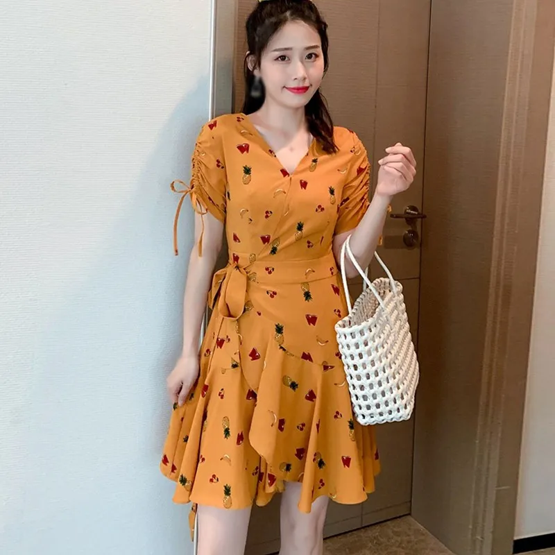 

Female V-Neck Flower Floral Print Dresses High Elastic Waist Ruffled Summer Party Dress Boho Style A-line Dress Vestidos