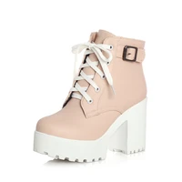 vintage buckle thick heel short boots square heel women platform ankle boots fashion pu lace up short boots big size 896