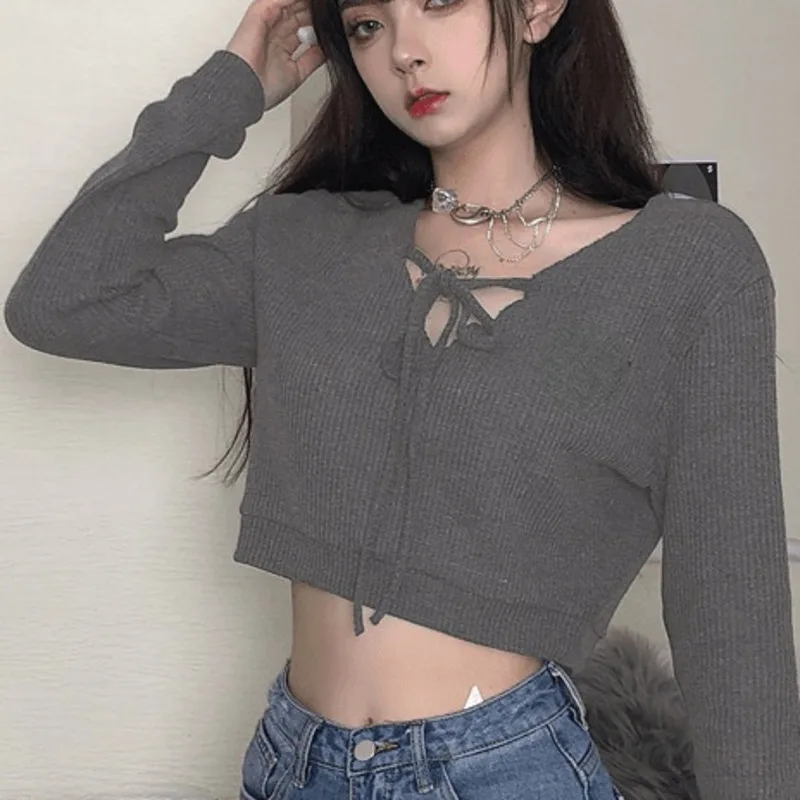 

Kywommnz Women Long Sleeve V-neck Pullover T-shirt, Korean Bandage Thin Loose Short Top T Shirt, Spring Autumn 2021, E4283