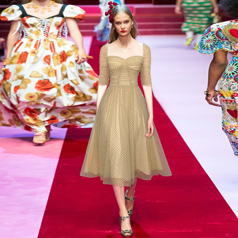 

Square Collar Five-point Sleeves See-through Net Gauze Pleated Puffy Princess Wind Wave Dot 2021 Plus Size Bridesmaid Dress