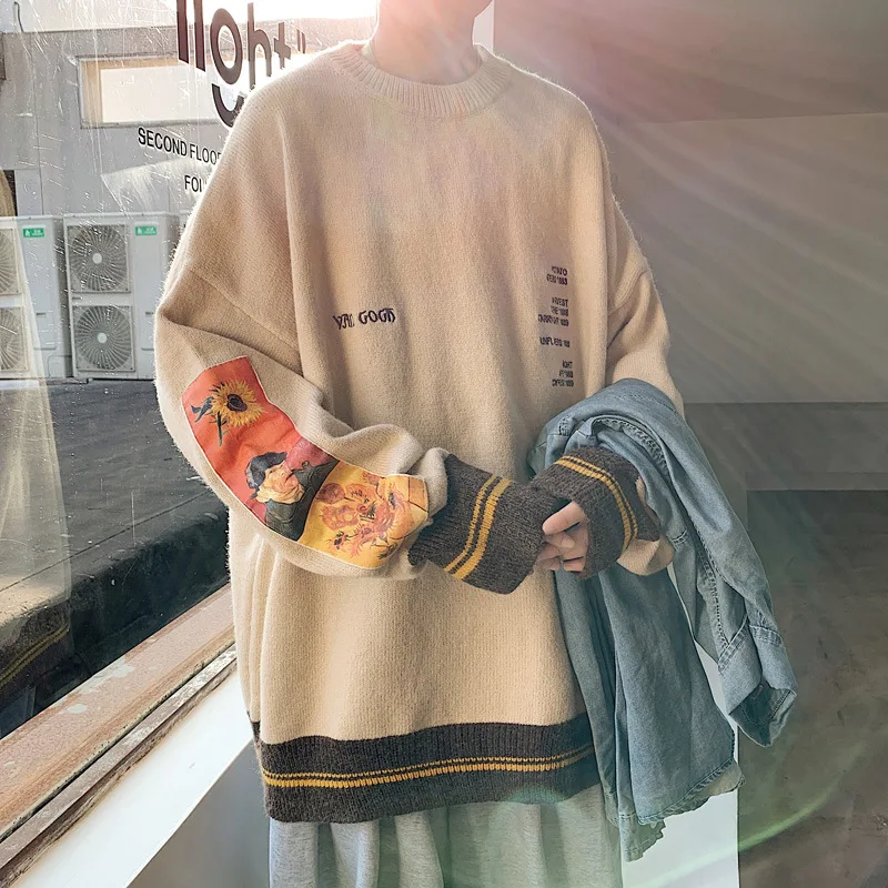 

Women Hip Hop Oversized Sweater Knit Top Van Gogh Painting Embroidery Pullovers Winter Big Vintage Sweaters Men Streetwear