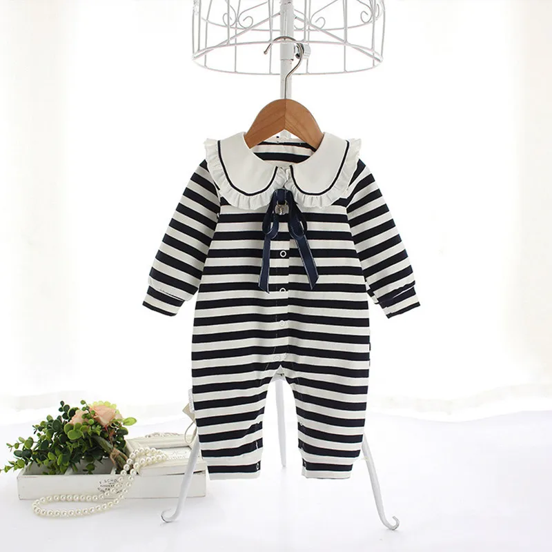 Детский полосатый комбинезон с воротником Питер Пэн и бантом|Ромперы| |
